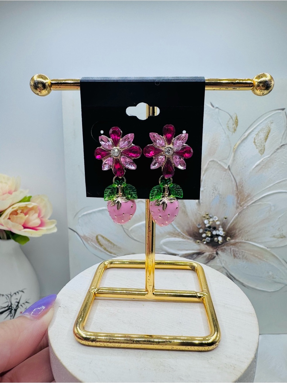 Pink Floral Strawberry Drop Earrings - Women Jewelry